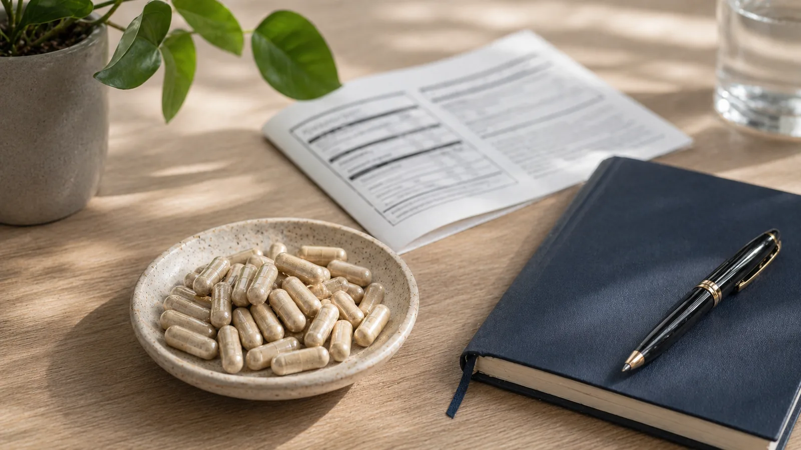 Alpha GPC-style supplement capsules and a non-readable supplement label on a clean desk