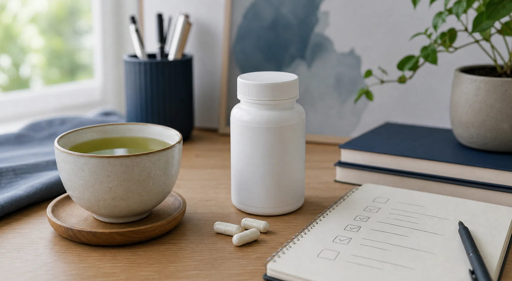 Unbranded L-Theanine supplement bottle, capsules, green tea, and notebook on a calm desk