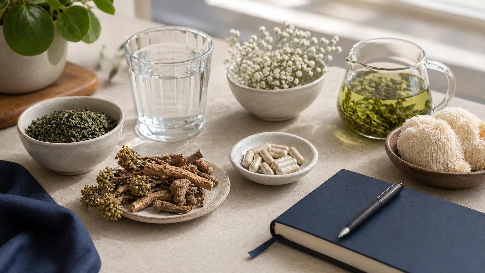 Calm desk arrangement showing lower-stimulation focus-support ingredients without coffee emphasis