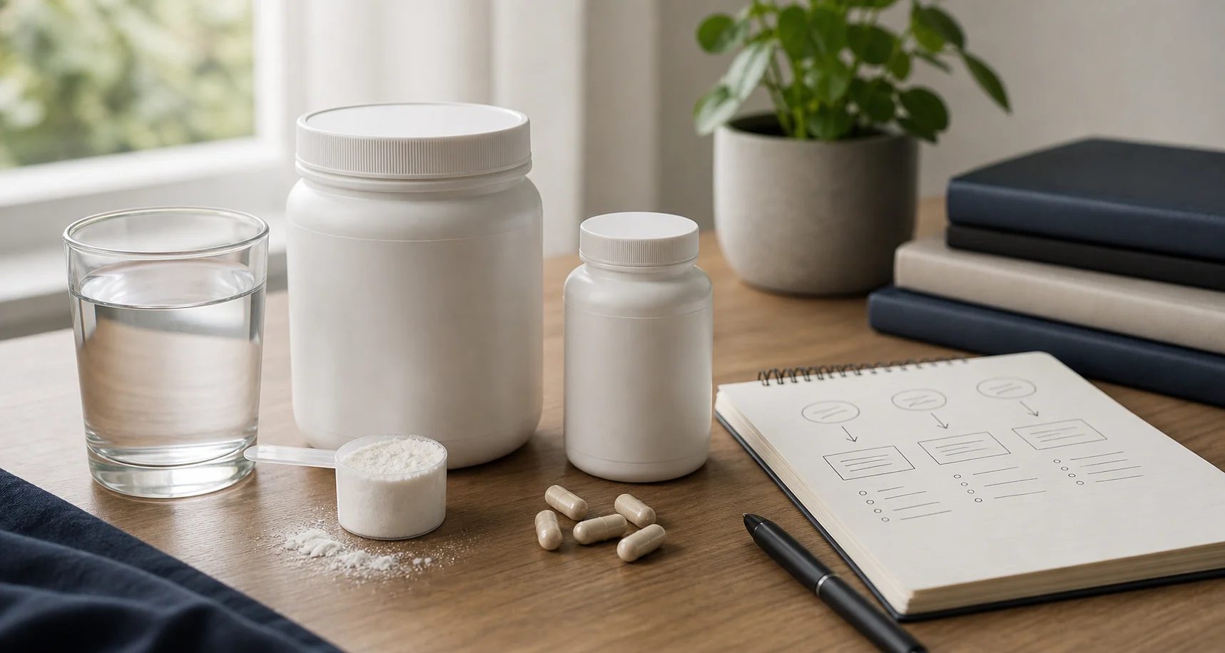 Caffeine-free supplement comparison scene with powder, capsules, water, and notebook on a tidy desk