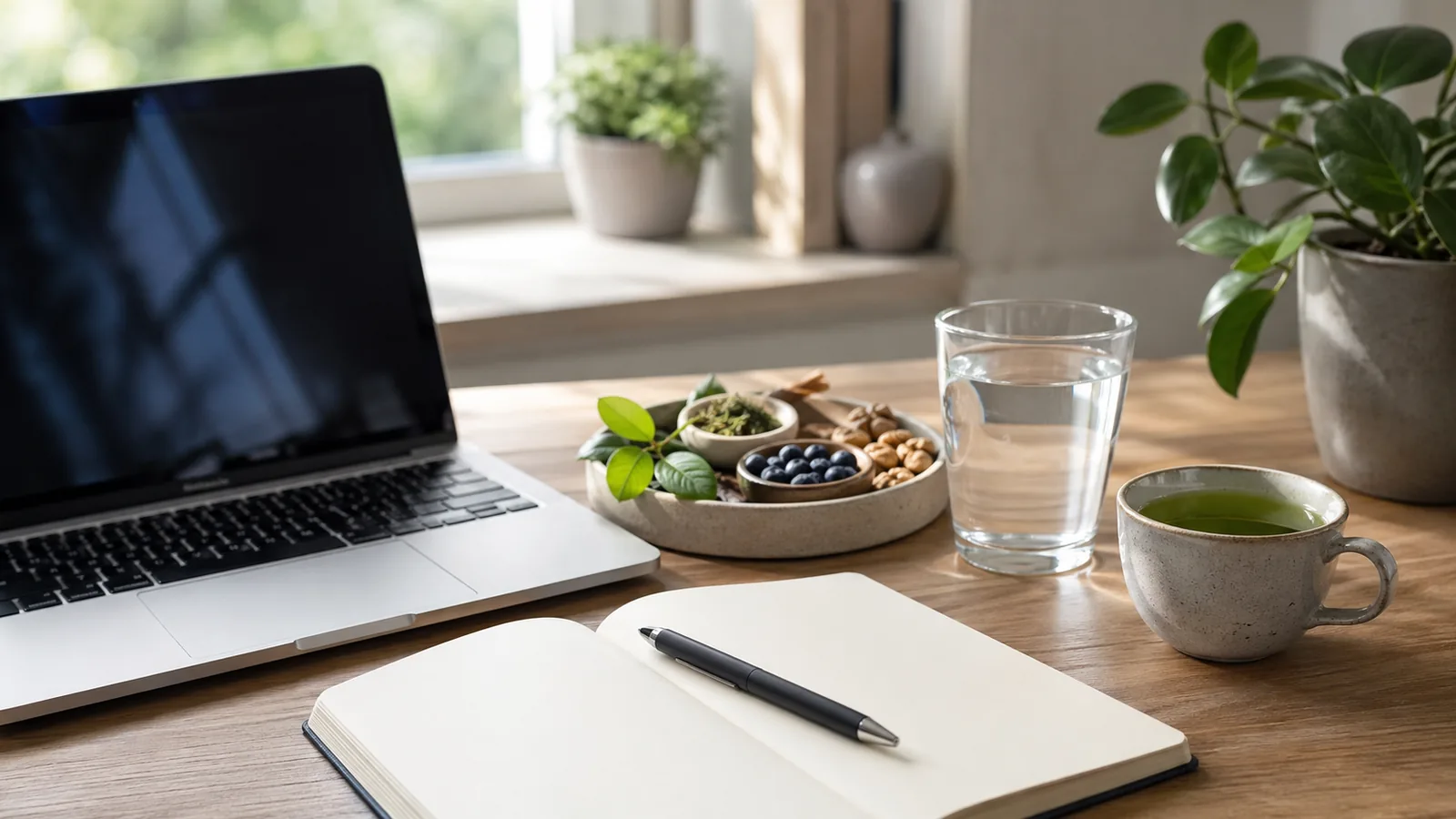 Calm desk setup with notebook, laptop, green tea, and focus supplement ingredients