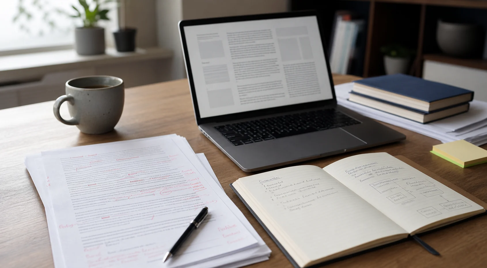 Editorial workspace with laptop, notebook, pen, and marked-up papers