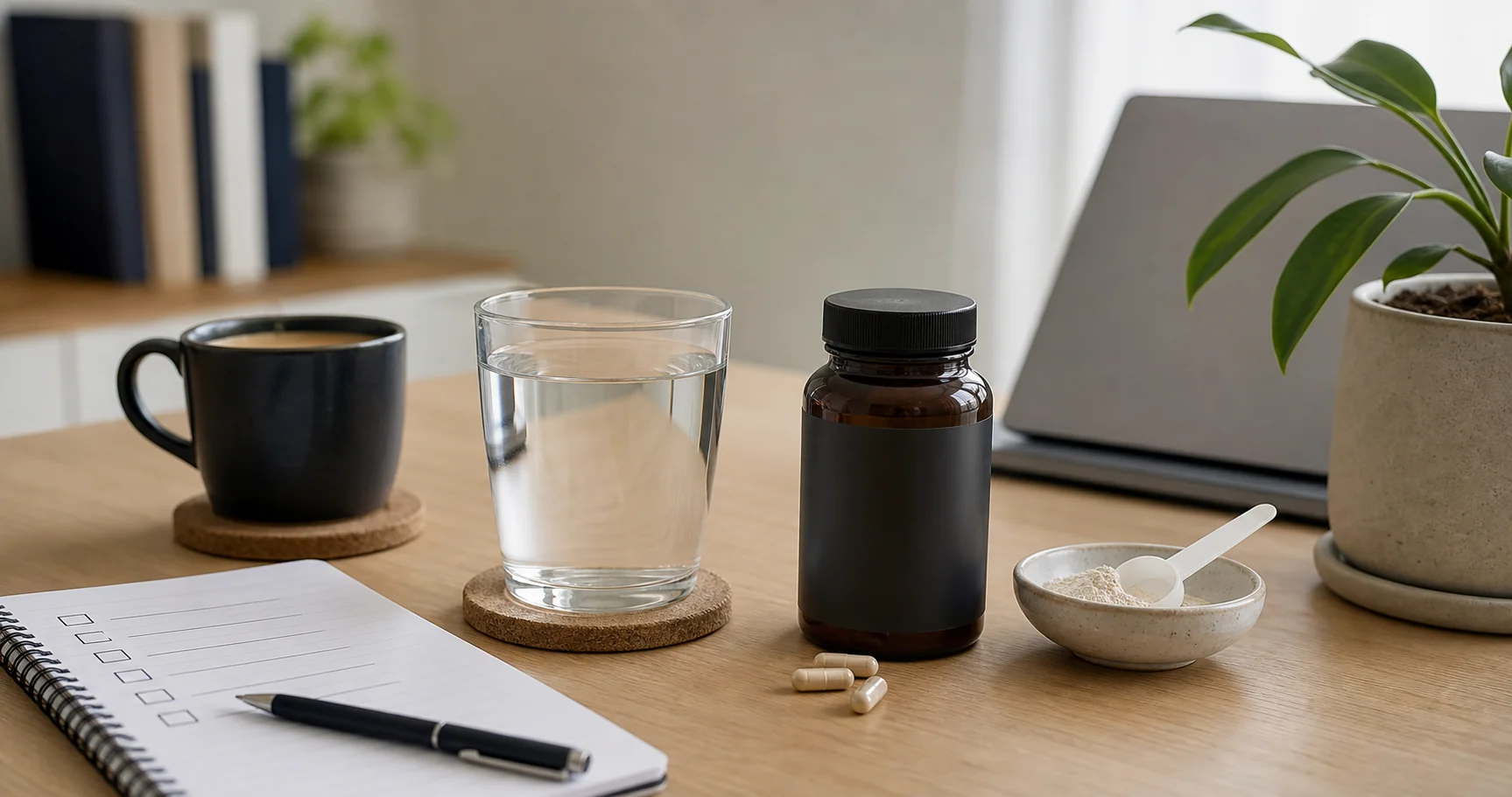 Calmer-focus supplement scene with coffee set aside, water, and notebook on a tidy desk