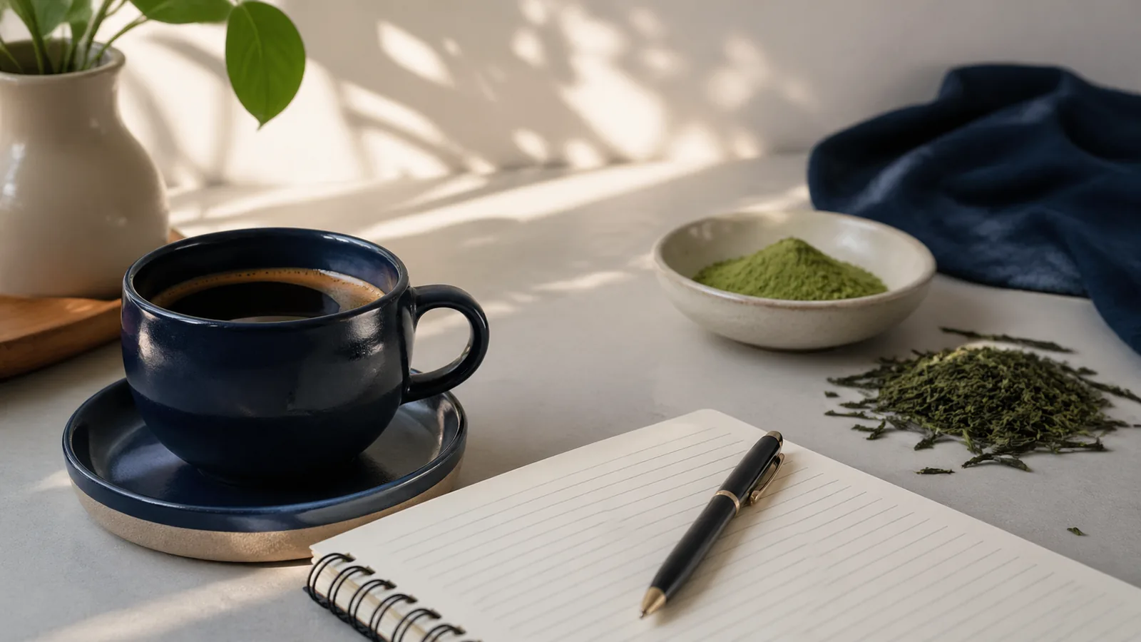 Coffee and green tea leaves representing caffeine and L-theanine for calm focus