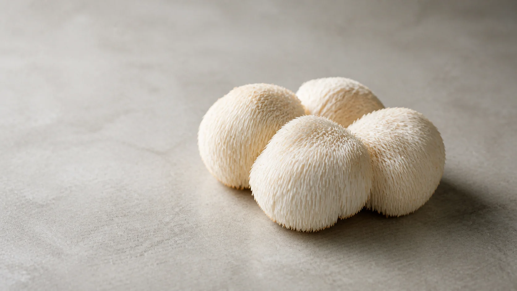 Small cluster of fresh Lion's Mane mushrooms on a neutral tabletop
