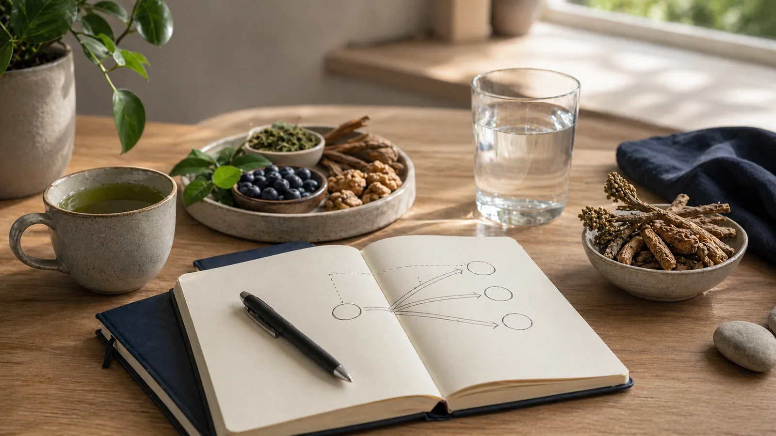 Simple desk setup with notebook and ingredient cues representing a focus supplement decision guide