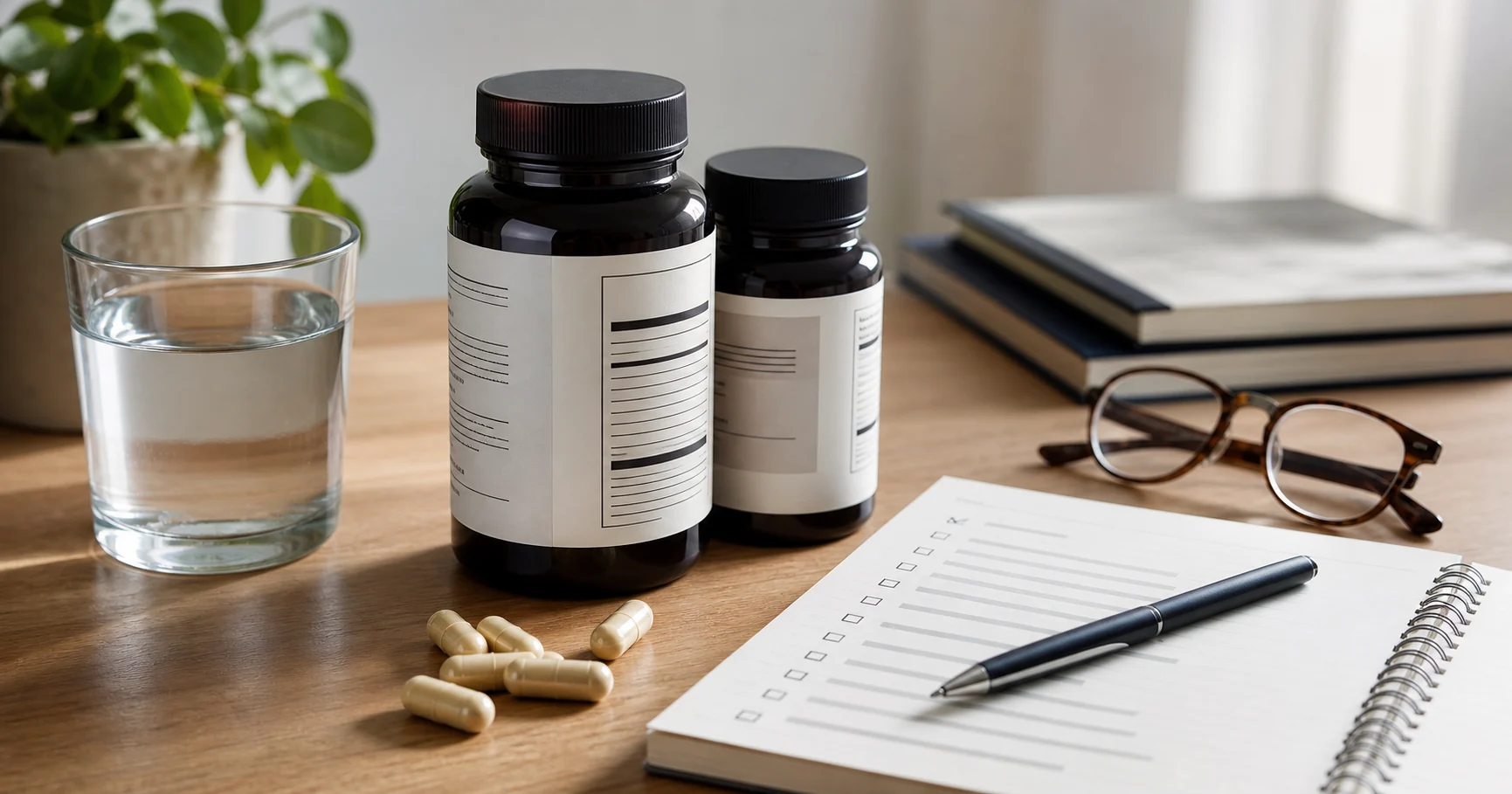 Unbranded supplement bottles, checklist notes, pen, and reading glasses on a tidy label-reading desk