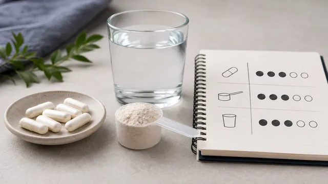 Focus supplement route comparison scene with capsules, powder, water, and notebook