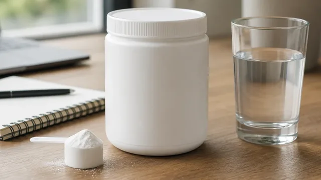 Creatine powder and water on a tidy desk for mental performance support