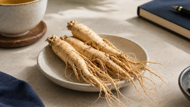 Ginseng root and tea scene representing classic herbal mental energy