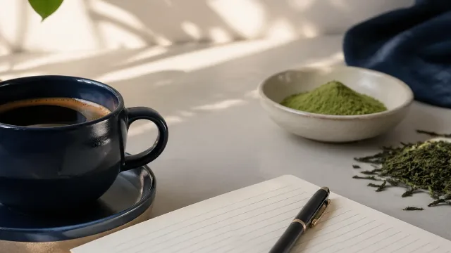 Coffee and green tea scene representing L-Theanine and caffeine for calm focus