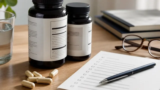 Supplement label reading scene with checklist notes and reading glasses
